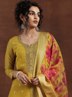 Mustard Woven Design Chanderi Silk Straight Suit With Dupatta