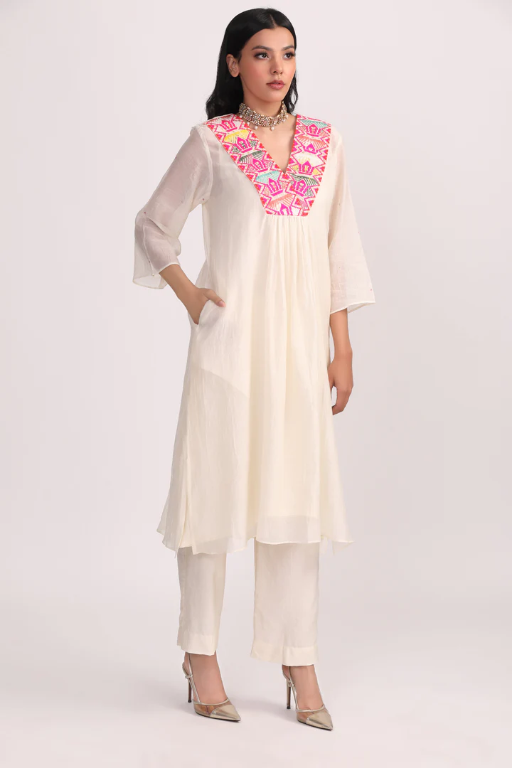 Ivory Boho Patch Work Chanderi Kurta Set