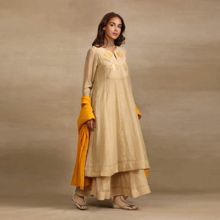 Beige Yellow Brocade Patch Anarkali Suit Set