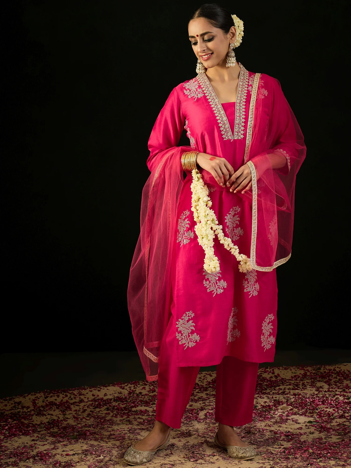 Magenta Embroidered Straight Kurta Trousers With Dupatta set