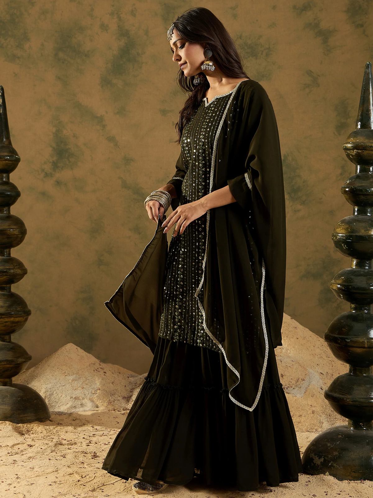 Green Embroidered Straight Kurta Sharara With Dupatta set