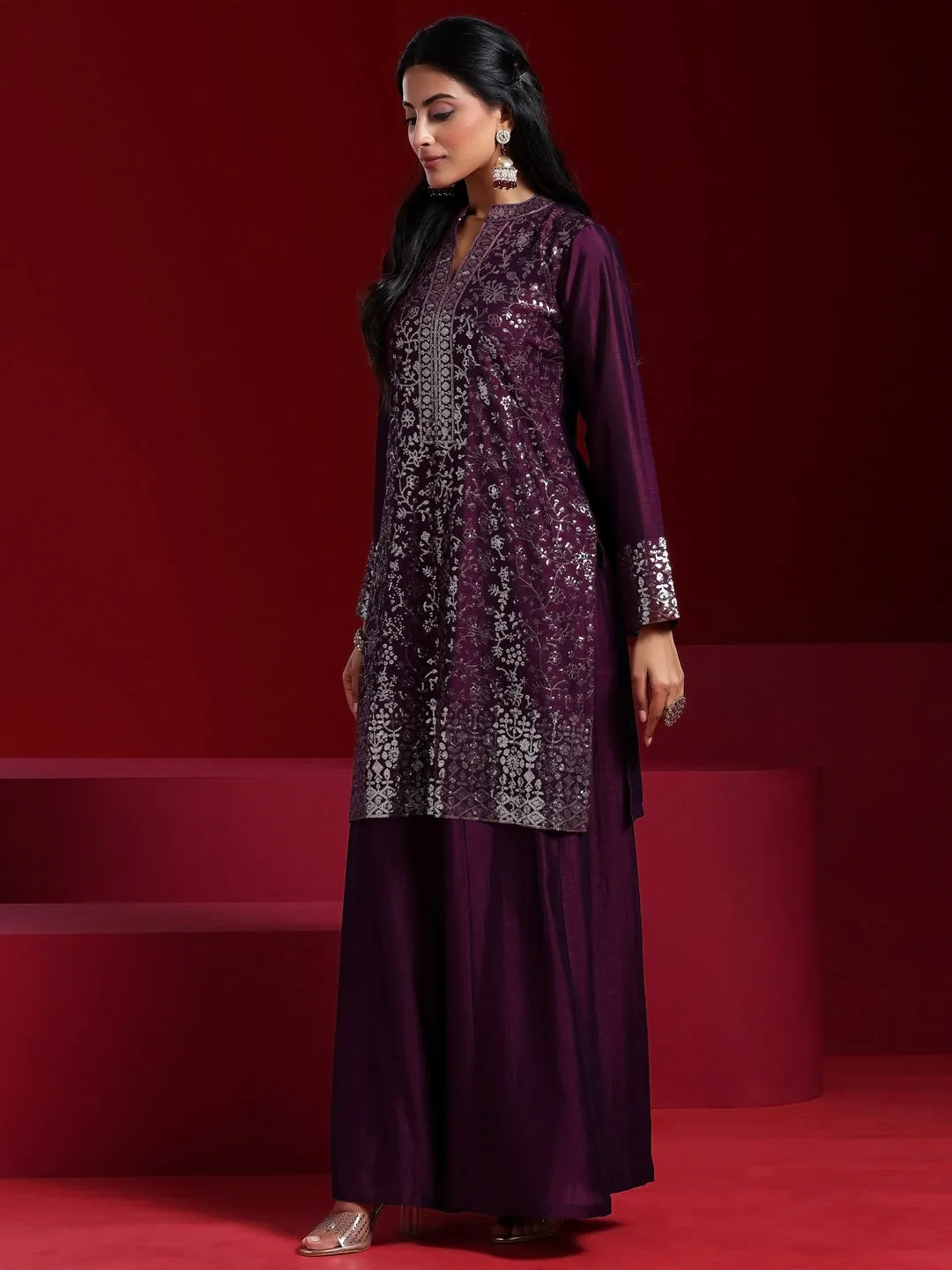 Wine Embroidered Silk Blend Straight Suit With Dupatta