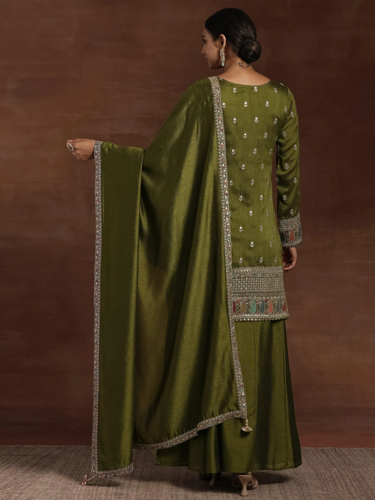 Adaa Olive Embroidered Silk Blend Straight Kurta With Palazzos & Dupatta