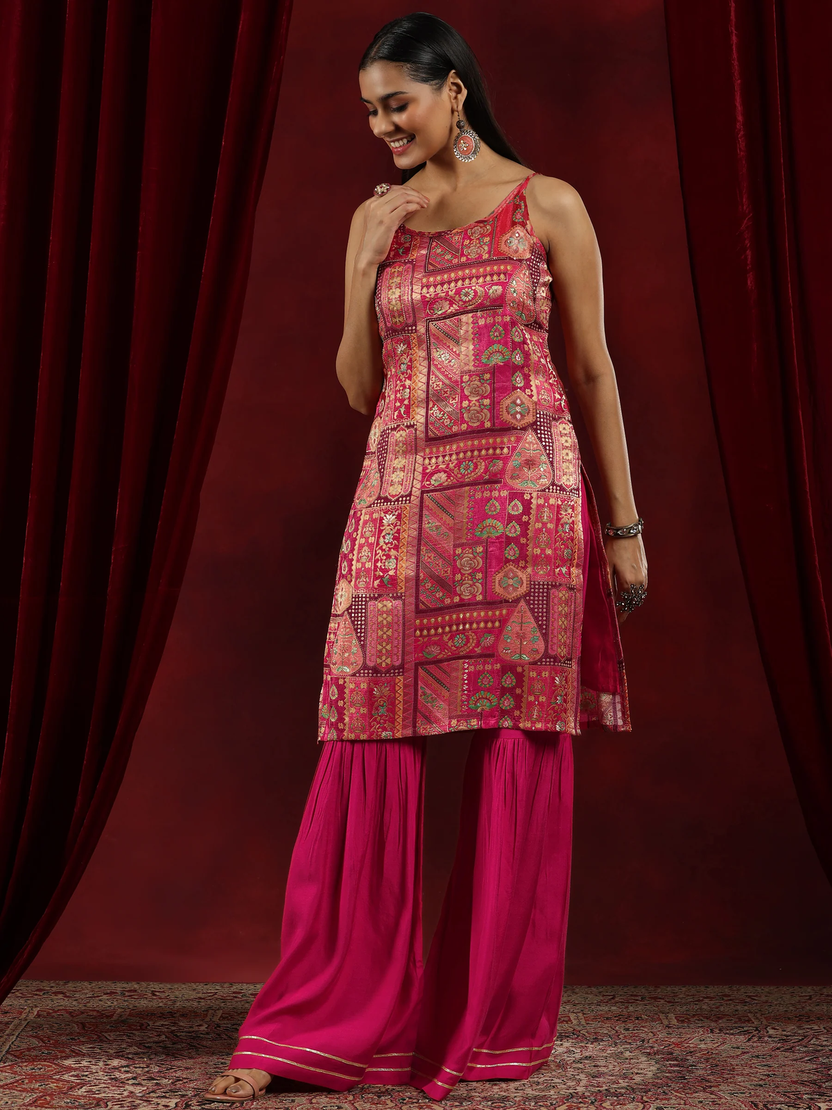 Pink Woven Design Silk Blend Straight Suit With Dupatta