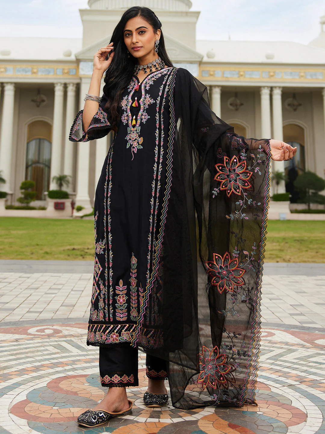 Black Embroidered A-Line Kurta Trousers With Dupatta set