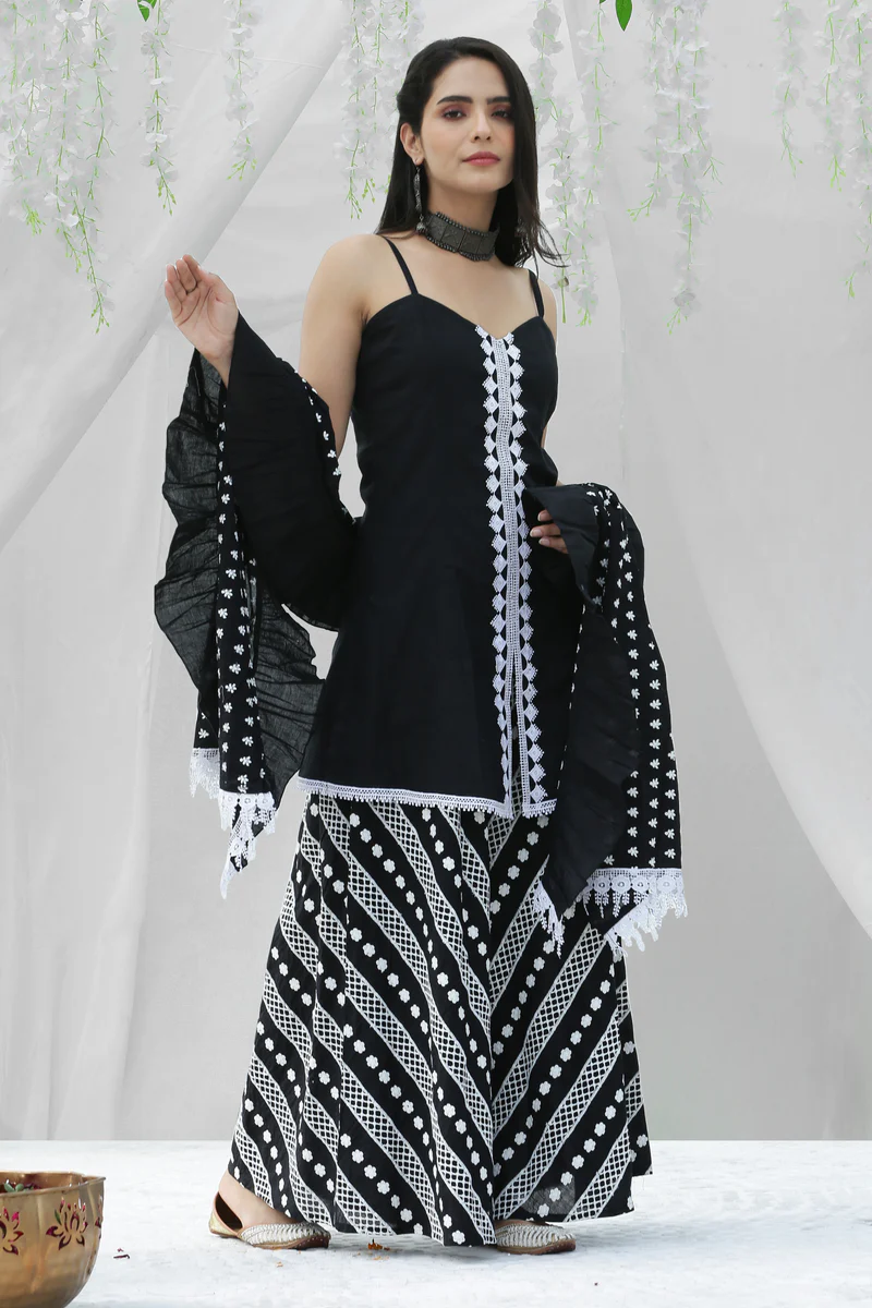 Black And White Halter Embroidered Kurta Set with Cotton Dupatta