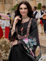 Black Embroidered A-Line Kurta Trousers With Dupatta Set