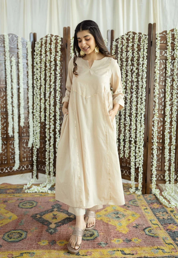 Mulmul Cotton Nude Kurta Set (Set of 3)