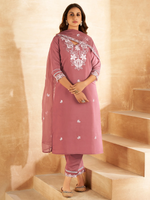 Rust Embroidered Straight Kurta Trousers With Dupatta set