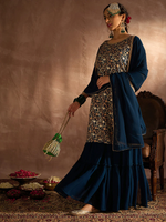 Teal Embroidered Straight Kurta Sharara set