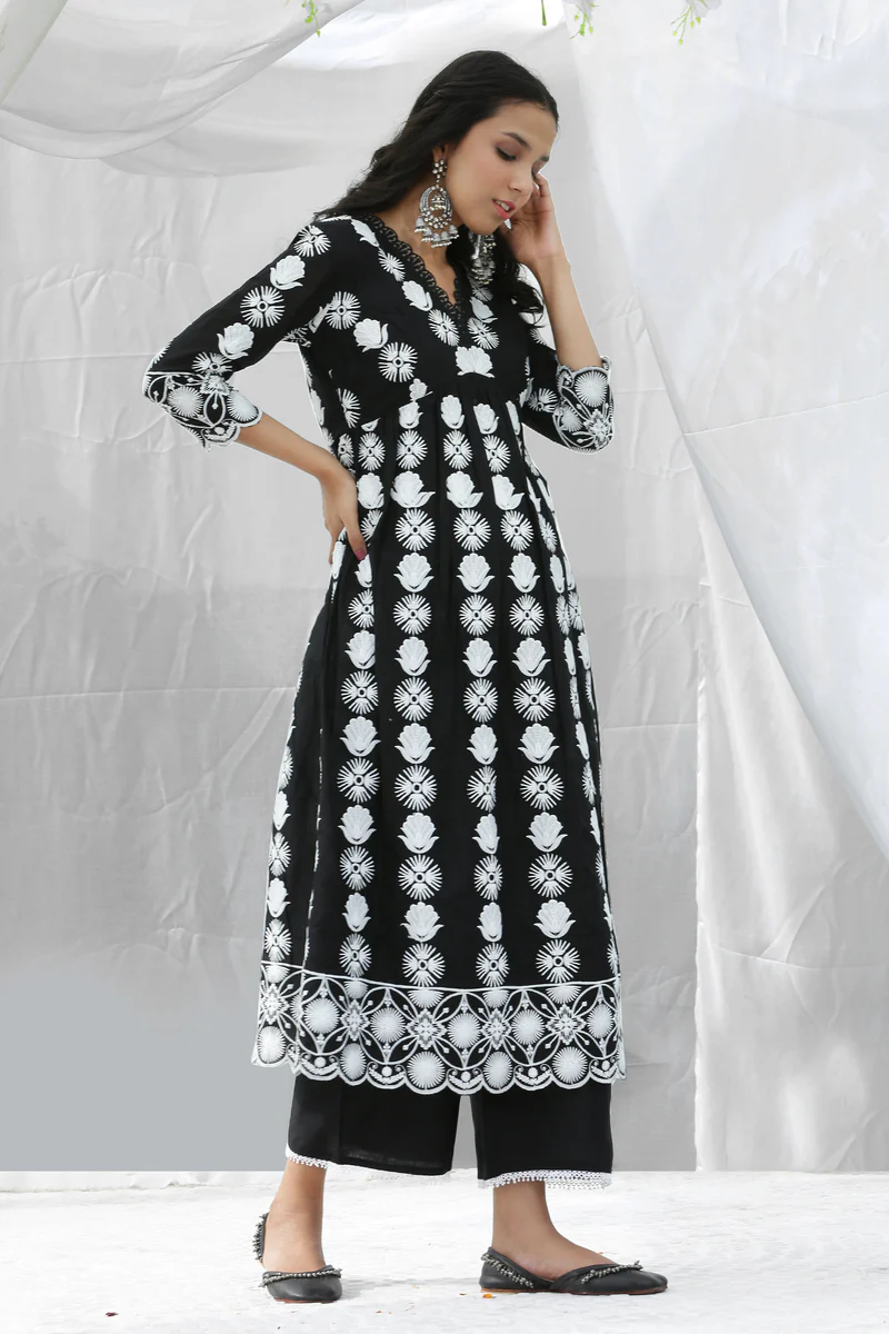 Black Lotus Embroidered Kurta Set