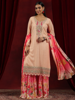 Peach Embroidered Georgette Straight Suit With Dupatta