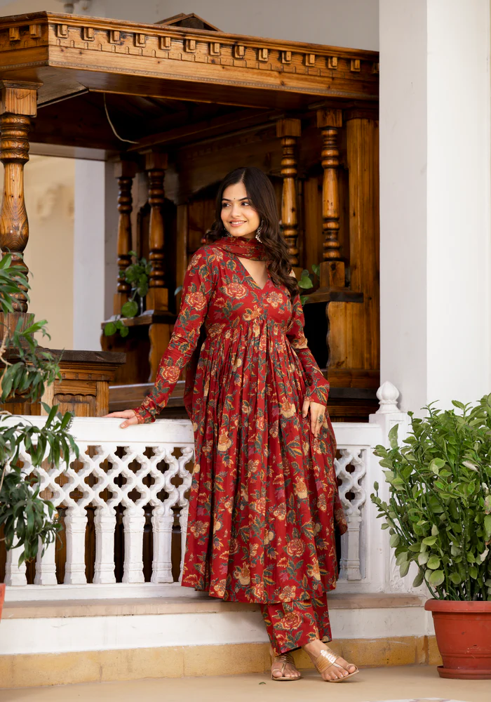 Saanvi Maroon Floral Print Suit Set