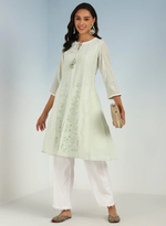 Tea Green Embroidered A-line Kurta for Women