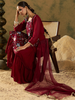 Maroon Embroidered Straight Kurta Sharara With Dupatta set