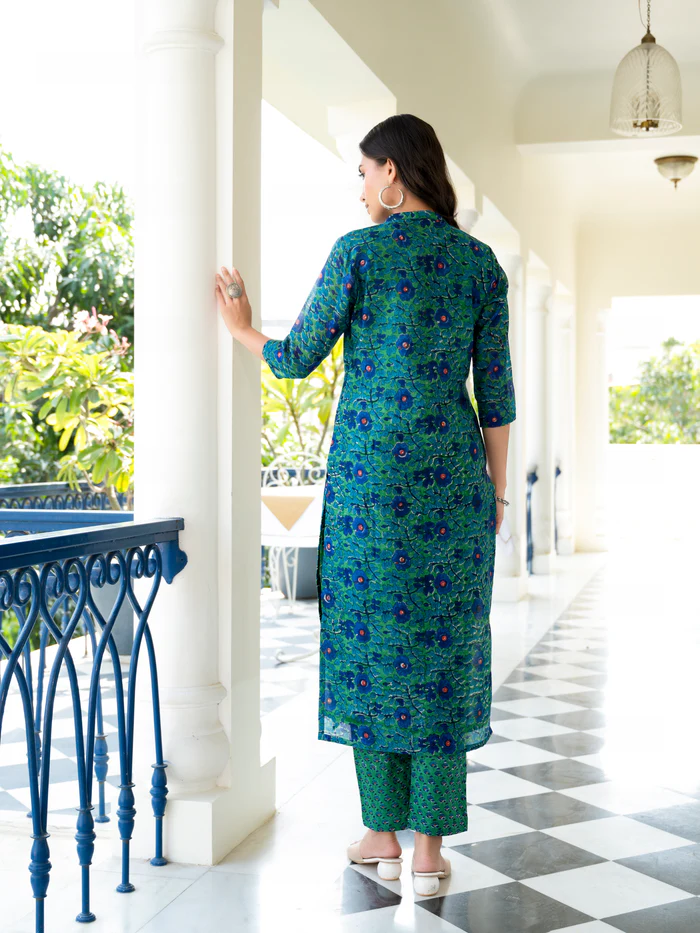 Ghazal Green Floral Handblock Chanderi Suit Set