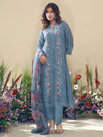 Blue Embroidered Straight Kurta Trousers With Dupatta Set