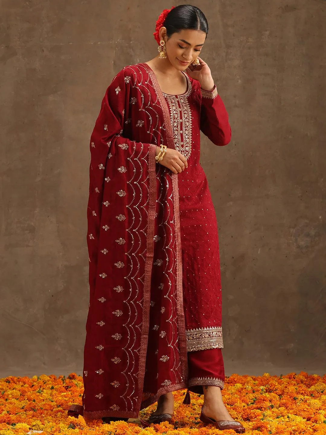 Maroon Embroidered Silk Blend Straight Kurta With Trousers & Dupatta