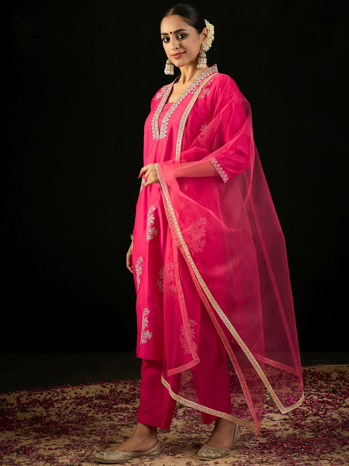 Magenta Embroidered Straight Kurta Trousers With Dupatta set