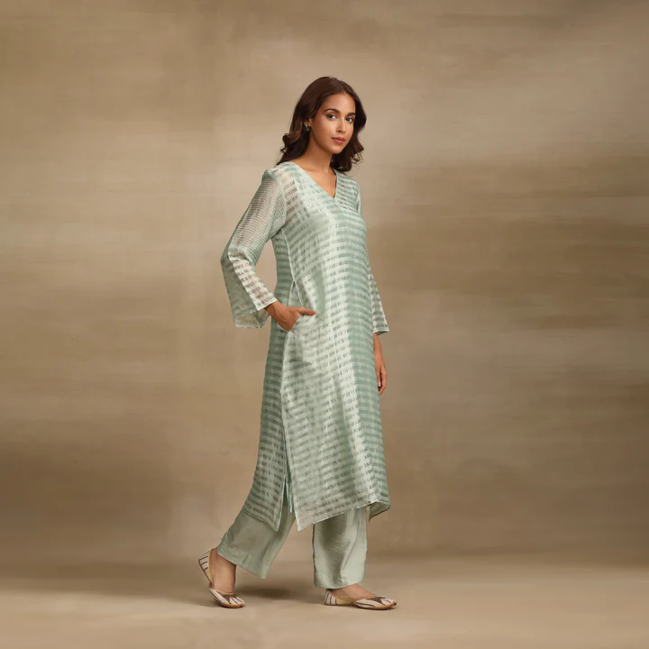 Grey Green Silk Tissue Chanderi Suit Set