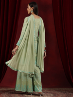 Green Embroidered Georgette Straight Suit With Dupatta