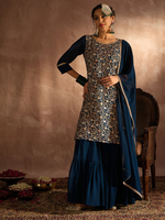 Teal Embroidered Straight Kurta Sharara set