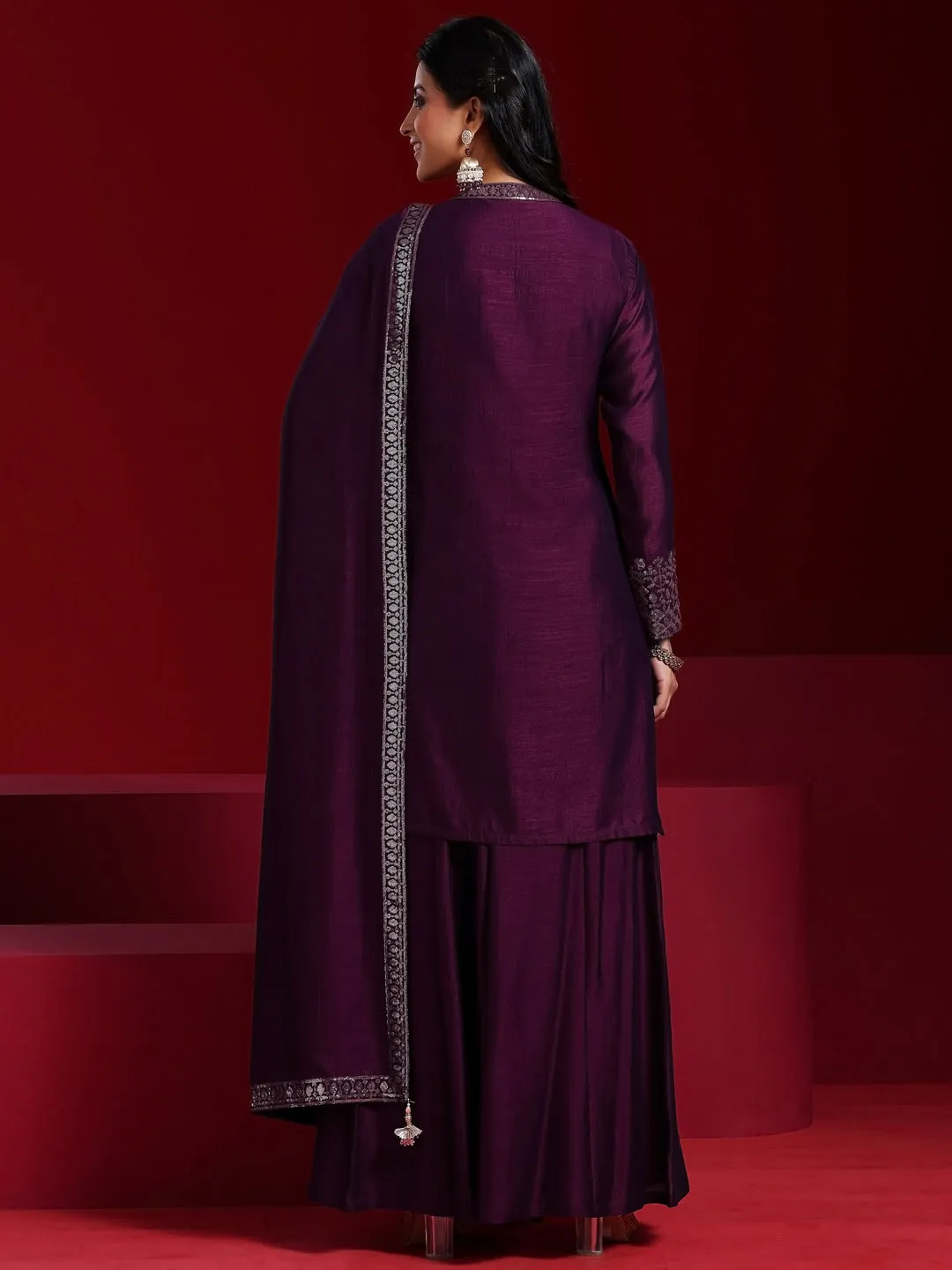 Wine Embroidered Silk Blend Straight Suit With Dupatta