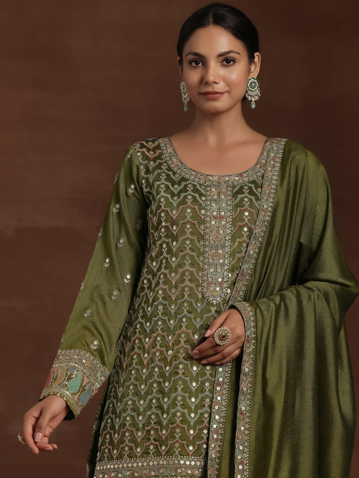 Adaa Olive Embroidered Silk Blend Straight Kurta With Palazzos & Dupatta