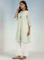 Tea Green Embroidered A-line Kurta for Women