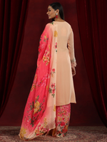 Peach Embroidered Georgette Straight Suit With Dupatta