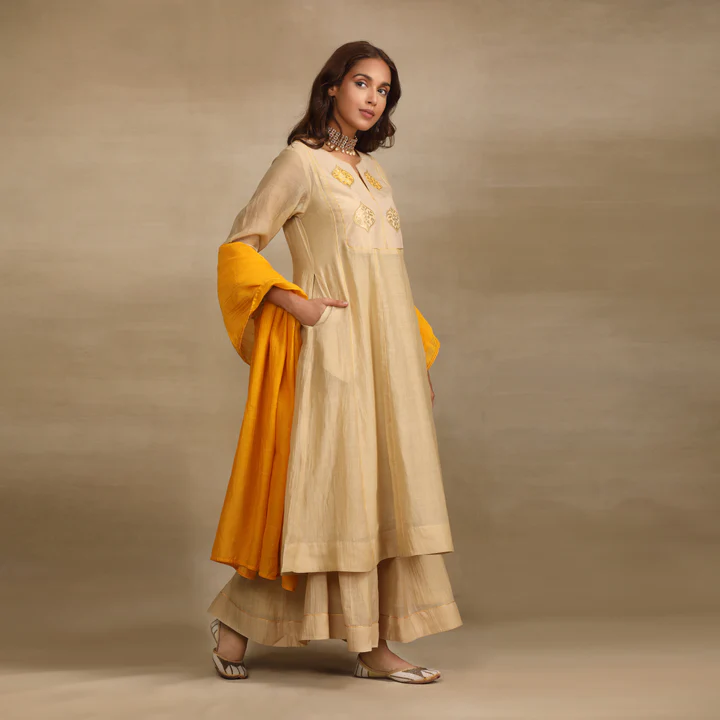 Beige Yellow Brocade Patch Anarkali Suit Set