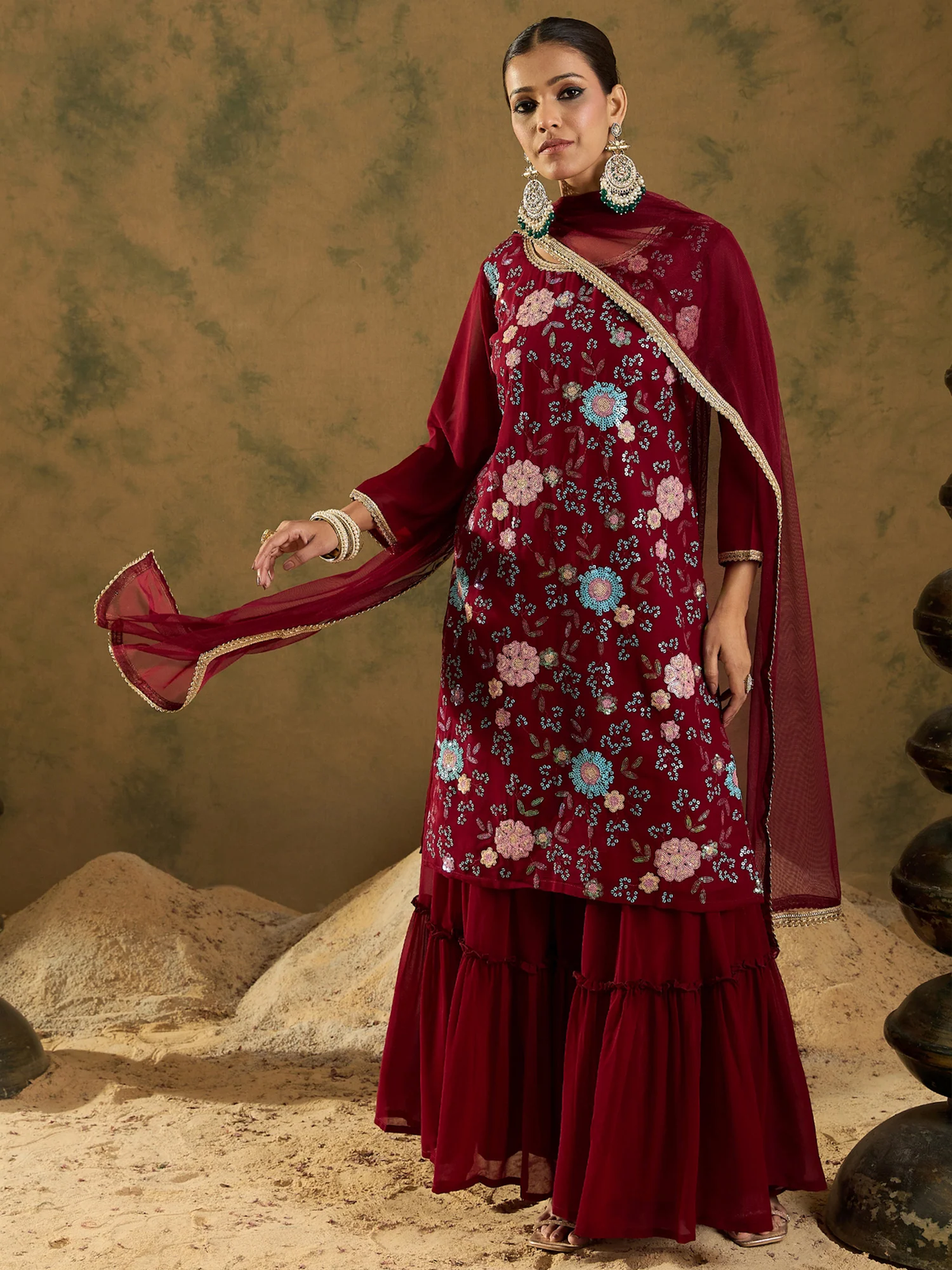 Maroon Embroidered Straight Kurta Sharara With Dupatta set