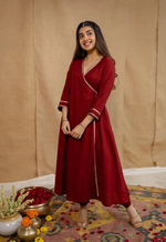 Sarayu Mulmul Cotton Maroon Angrakha Kurta Set (Set of 3)