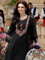 Black Embroidered A-Line Kurta Trousers With Dupatta Set