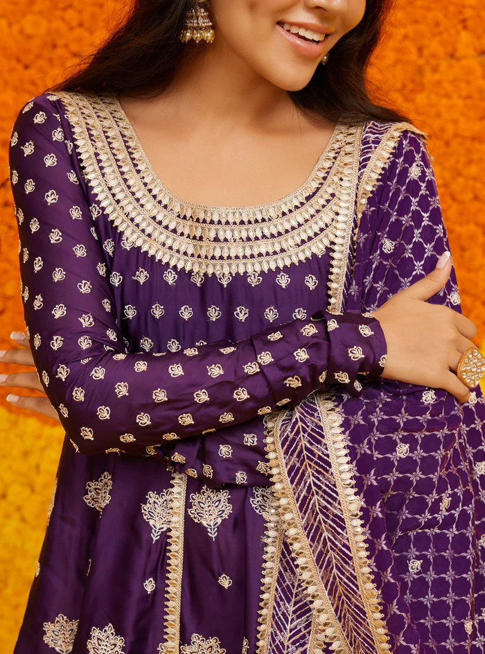 Organza Satin Palki Purple Kurta With Mulmul Organza Satin Palki Purple Pant