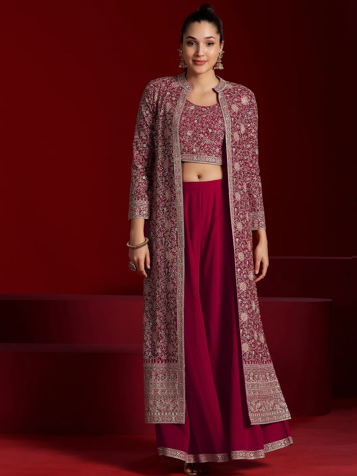 Pink Embellished Silk Blend Co-Ords With Shrug