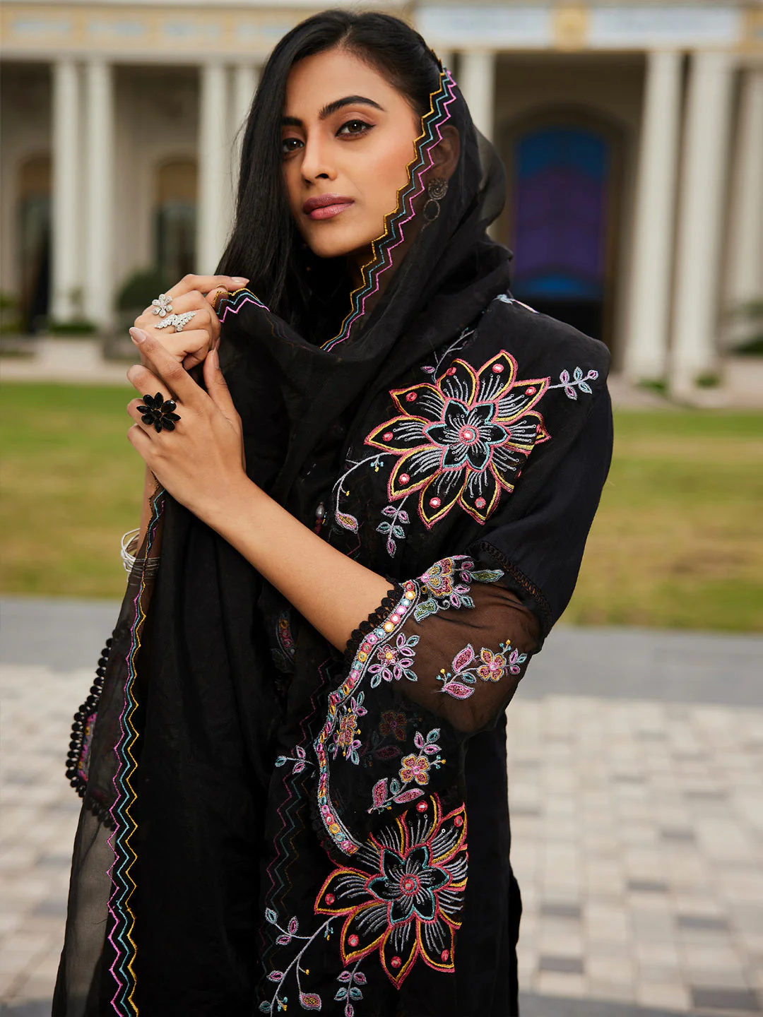 Black Embroidered A-Line Kurta Trousers With Dupatta set