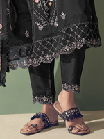 Black Embroidered Straight Kurta Trousers With Dupatta Set