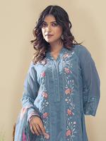 Blue Embroidered Straight Kurta Trousers With Dupatta Set