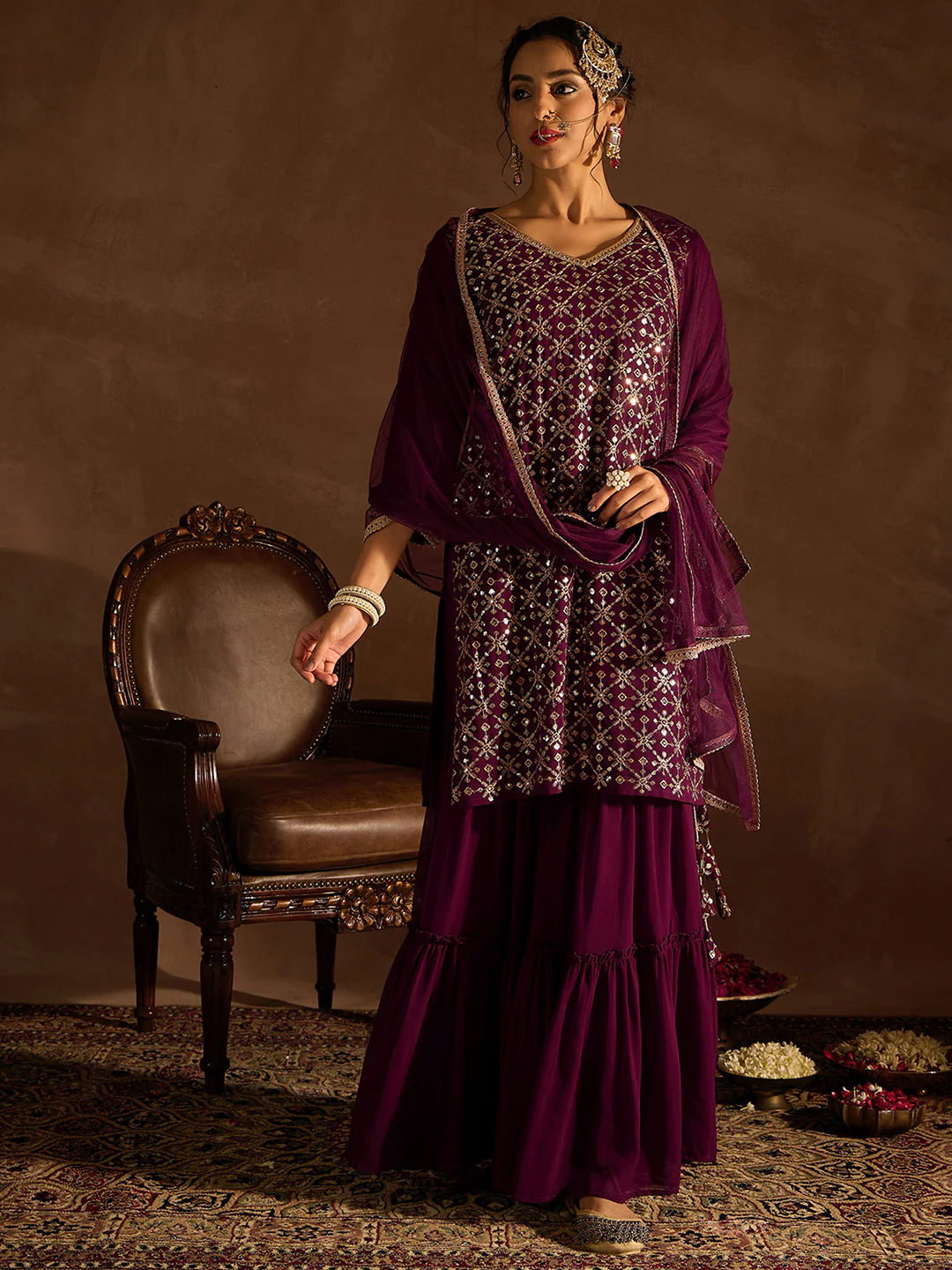 Embroidered Straight Kurta Sharara With Dupatta set