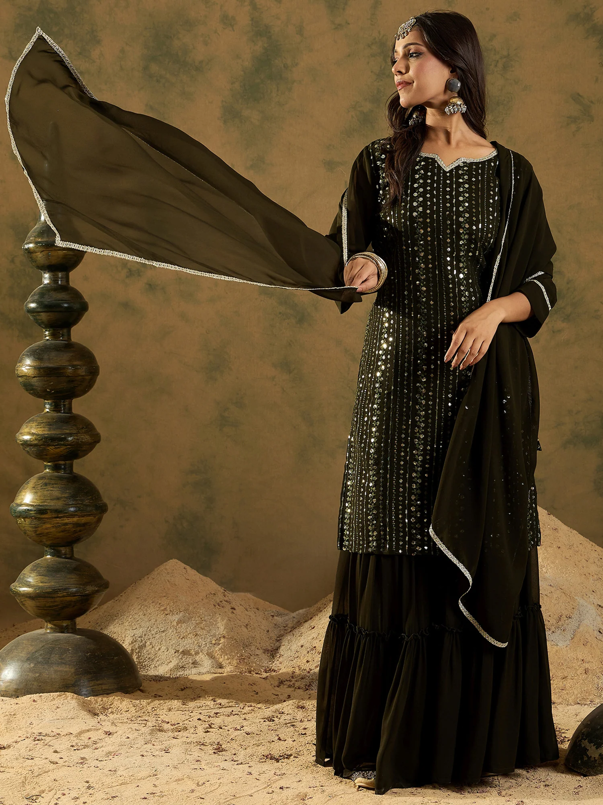 Green Embroidered Straight Kurta Sharara With Dupatta set