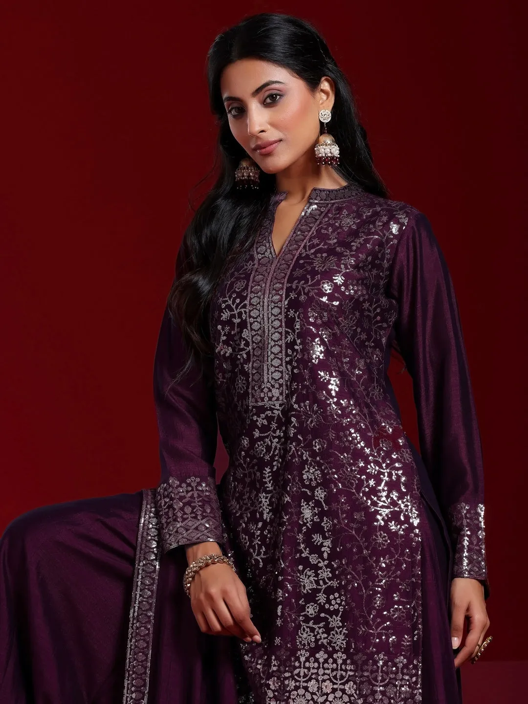 Wine Embroidered Silk Blend Straight Suit With Dupatta