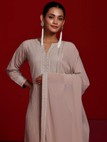 Beige Embroidered Georgette A-Line Kurta With Palazzos & Dupatta