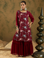 Maroon Embroidered Straight Kurta Sharara With Dupatta set