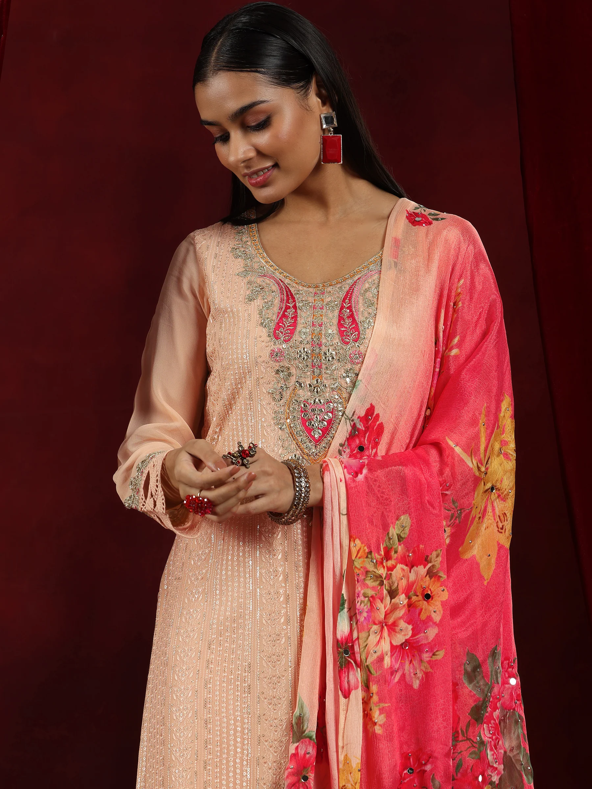 Peach Embroidered Georgette Straight Suit With Dupatta