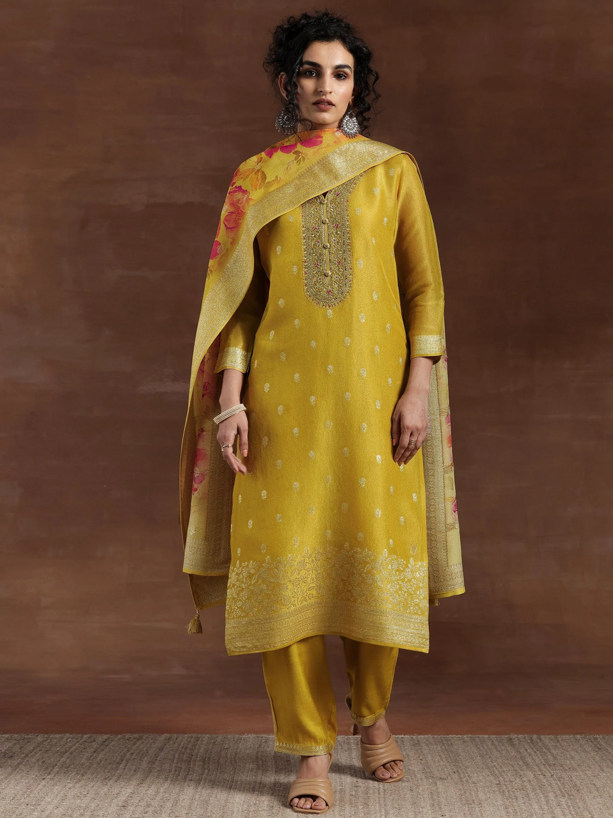 Mustard Woven Design Chanderi Silk Straight Suit With Dupatta