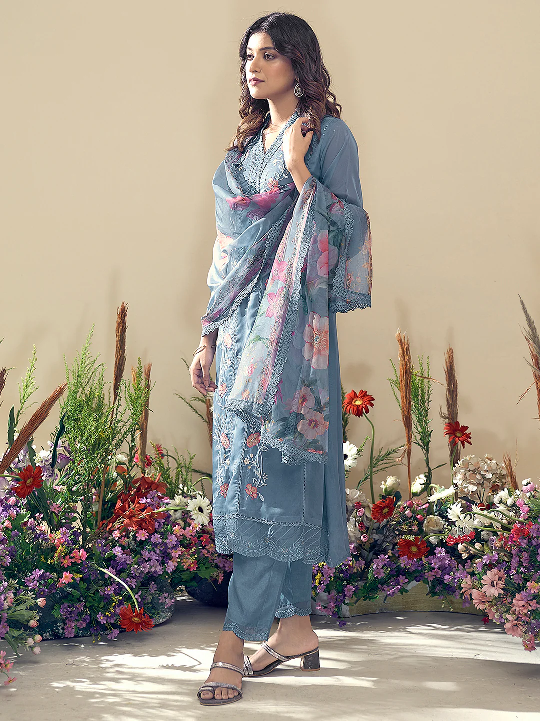 Blue Embroidered Straight Kurta Trousers With Dupatta Set