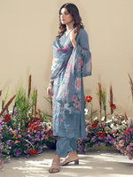 Blue Embroidered Straight Kurta Trousers With Dupatta Set