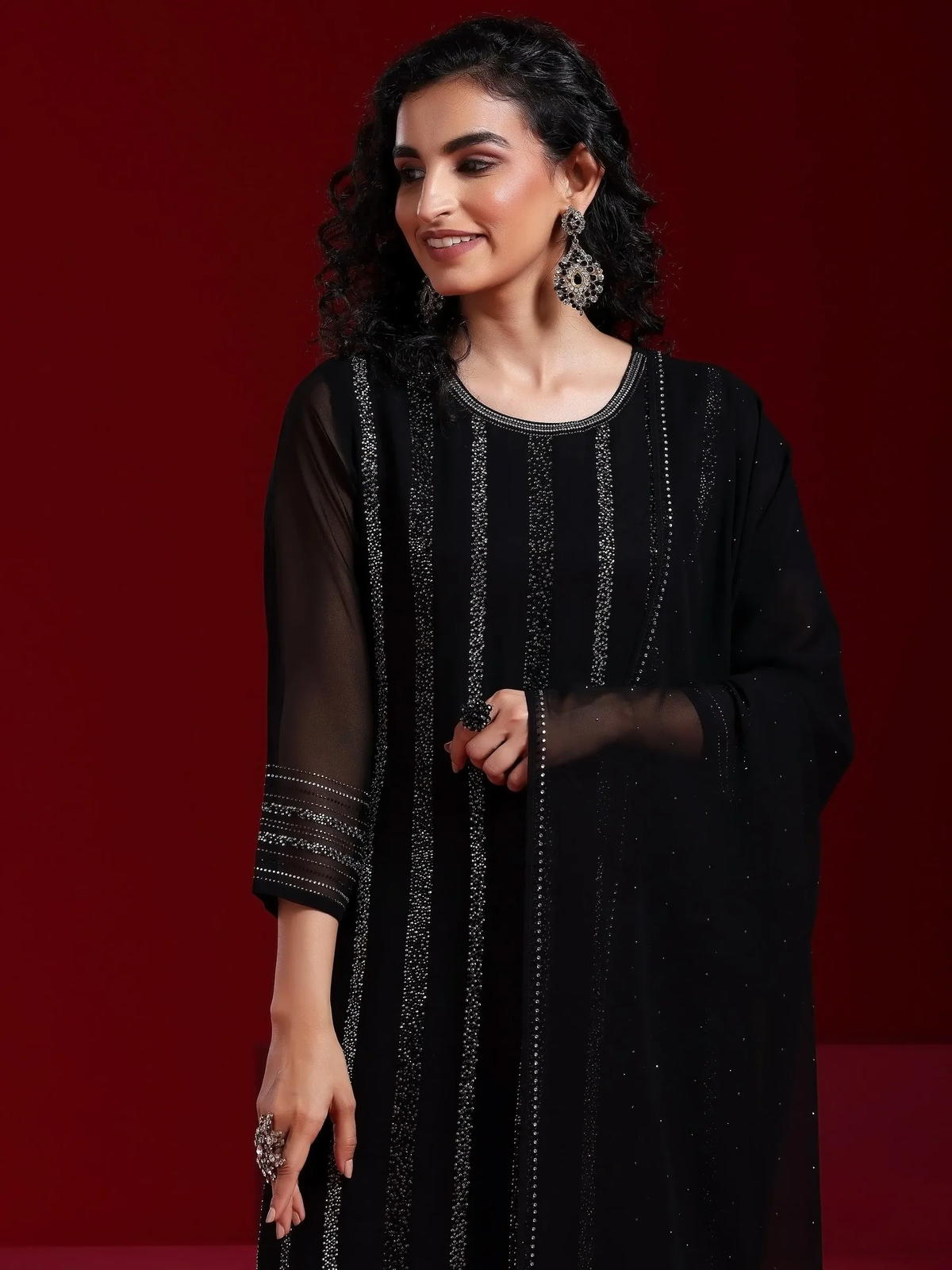 Black Striped Georgette Straight Suit With Dupatta