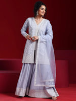 Grey Embroidered Silk Blend Straight Suit With Dupatta